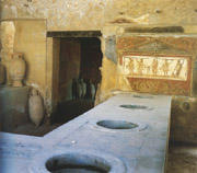 The thermopolium on Via dell'Abbondanza is an example of an ancient fat-food restaurant. Warm cooked foods were stored in a masonry counter and were eaten on the spot