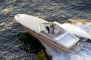 The motorboat Tornado 38 with its English-speaking sailor